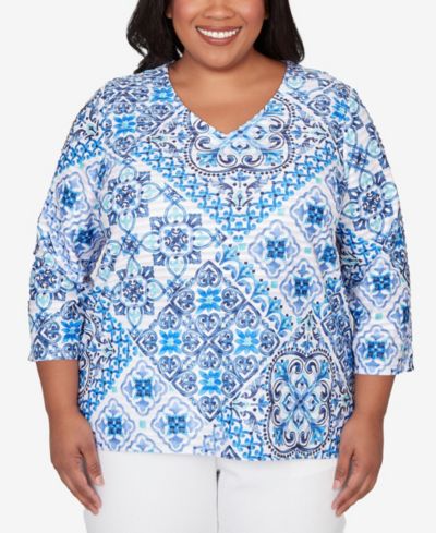 Alfred Dunner Plus Size Mykonos Aegean Tile V-Neck Top