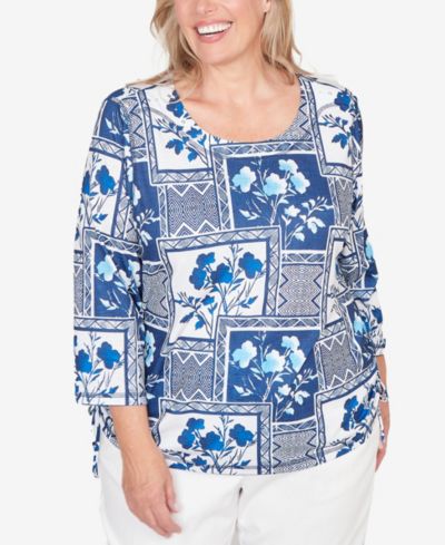 Alfred Dunner Plus Size Mykonos Framed Floral Ruched Side Tie Top