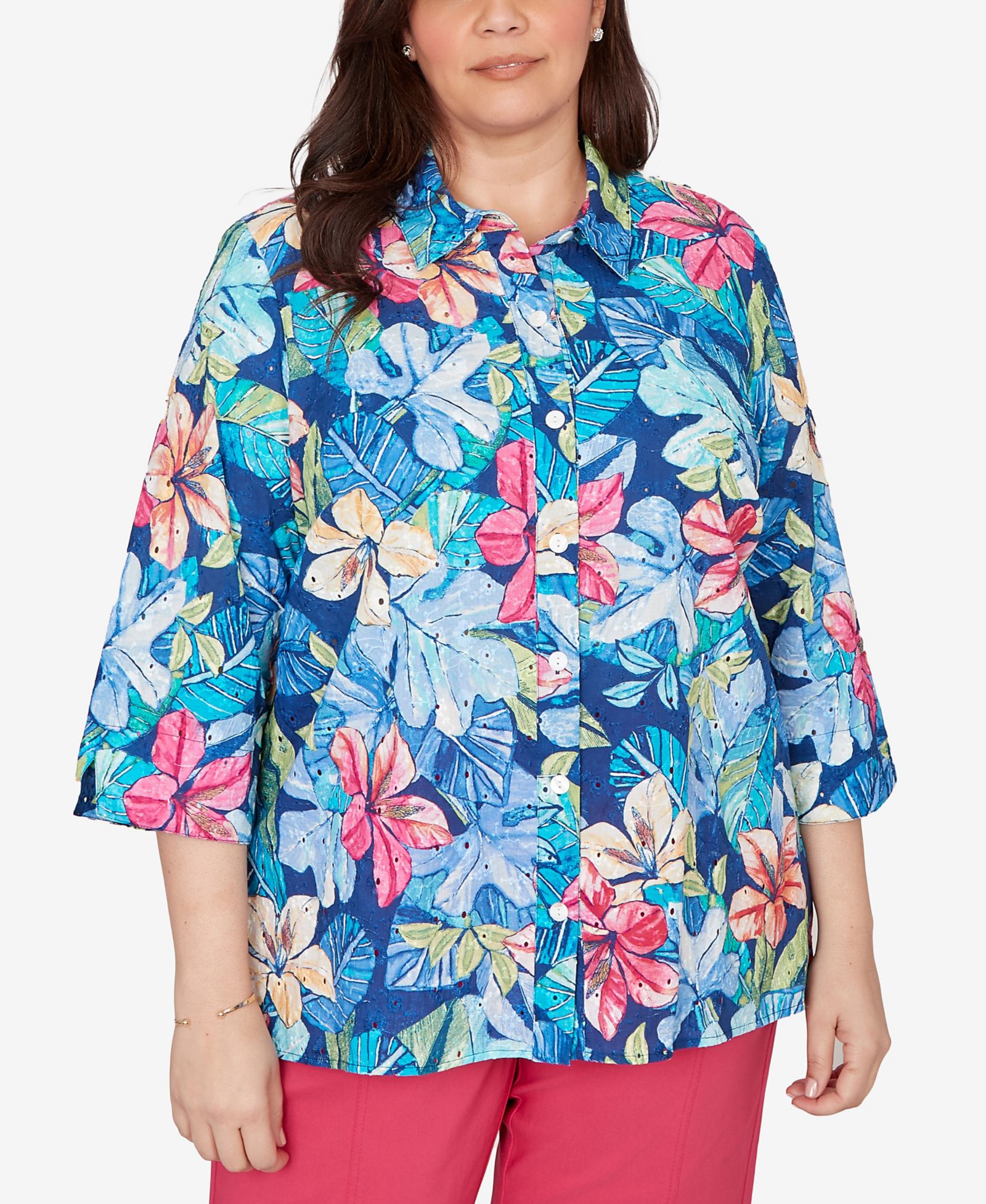 Alfred Dunner Plus Size The Royal Treatment Tropical Eyelet Button Down Top