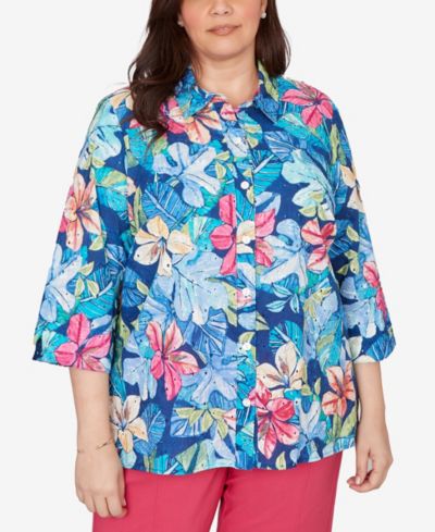 Alfred Dunner Plus Size топ-рубашка с тропическим принтом и вышивкой eyelet