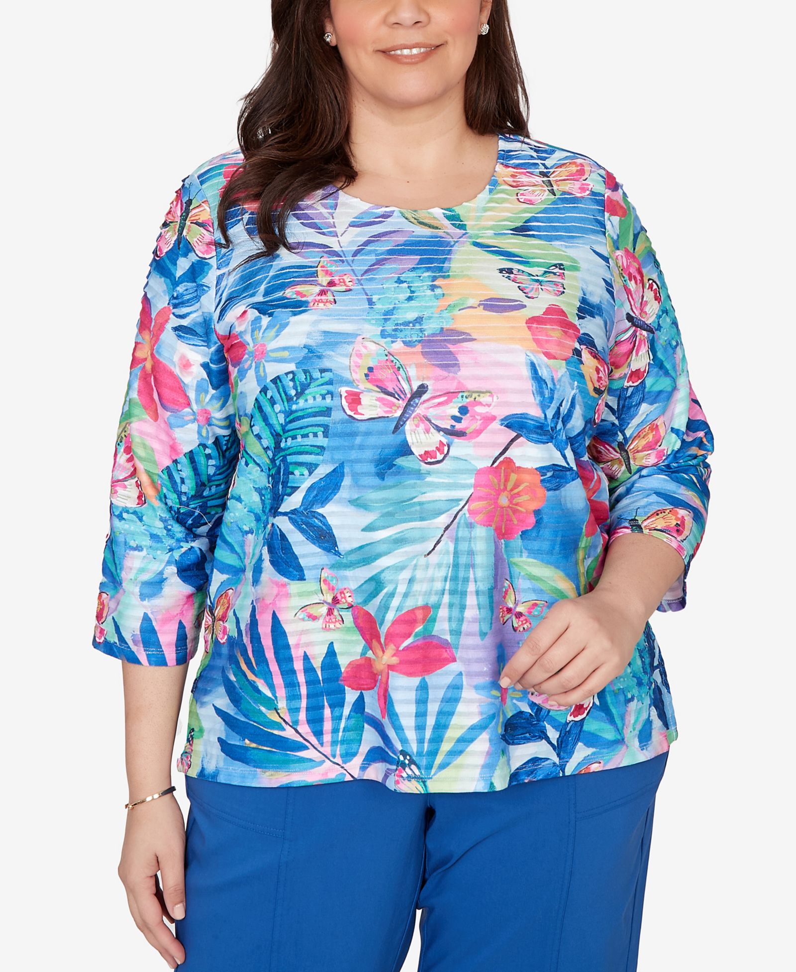 Alfred Dunner Plus Size The Royal Treatment Tropical Butterfly Ruffle Textured Top
