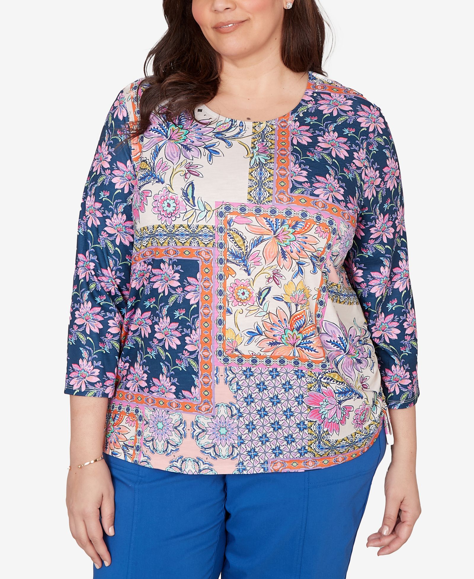 Alfred Dunner Plus Size The Royal Treatment Geometric Floral Tie Ruched Top