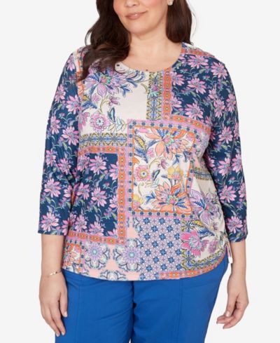 Alfred Dunner Plus Size The Royal Treatment Geometric Floral Tie Ruched Top