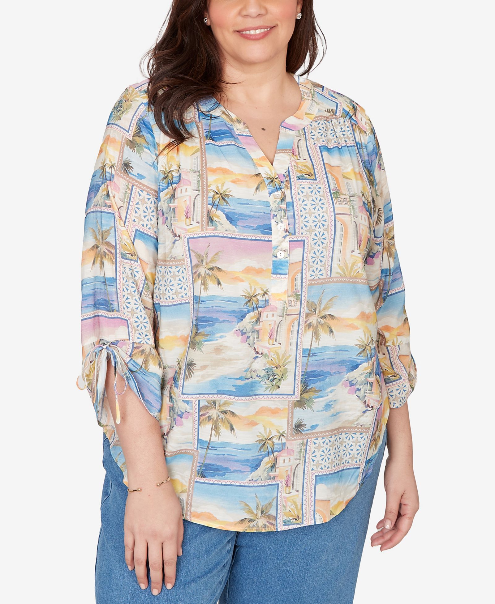 Топ Henley с принтом Beachcomber Postcard Alfred Dunner Plus Size