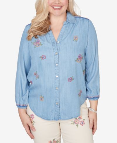 Alfred Dunner Plus Size Beachcomber Floral Embroidered Button-Front Closure Top