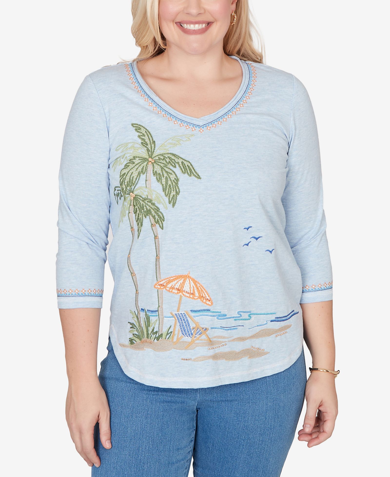Alfred Dunner Plus Size Beachcomber Scenic Palm Tree Embroidered Top