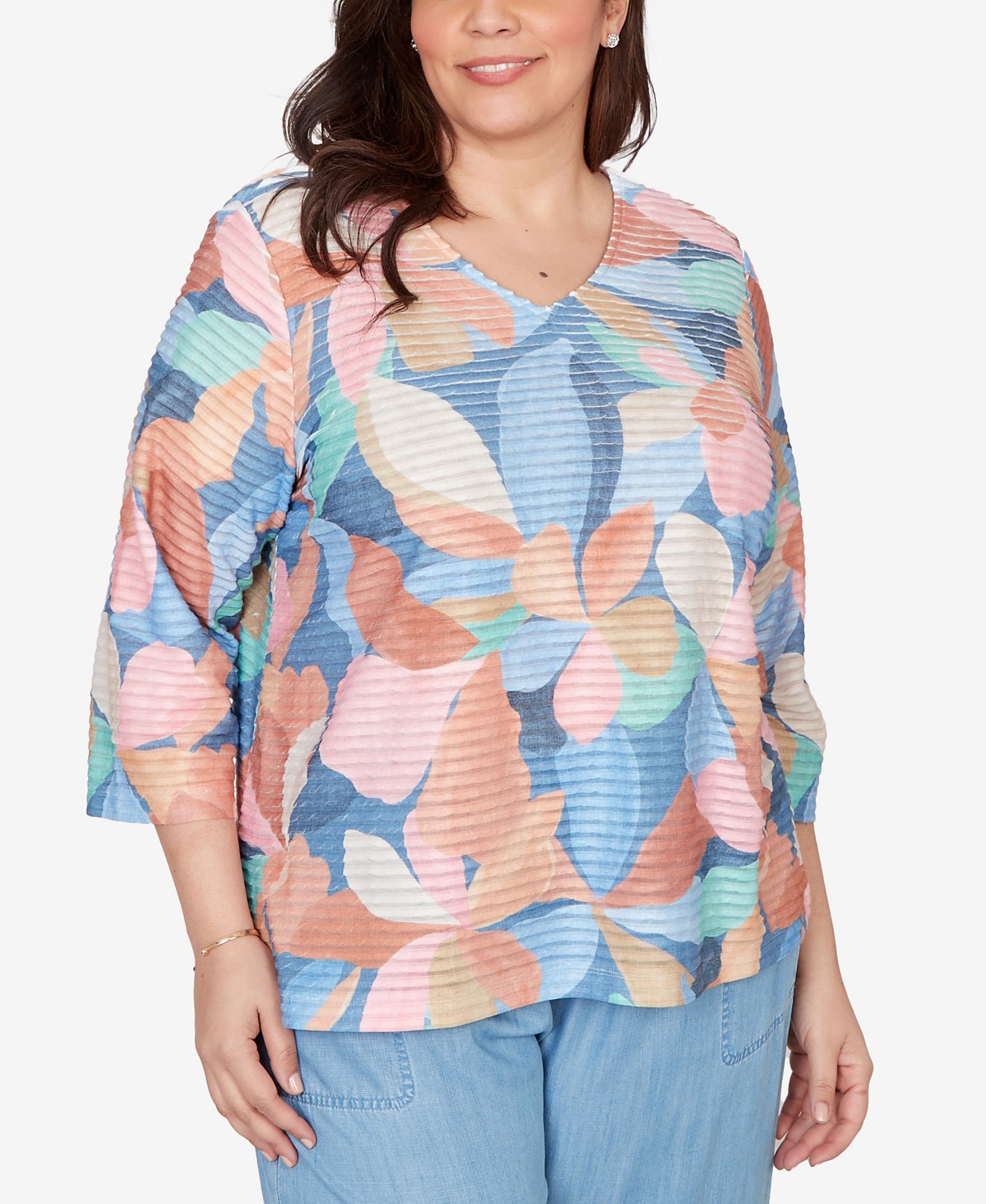 Alfred Dunner Plus Size Beachcomber Abstract Floral V-Neck Top