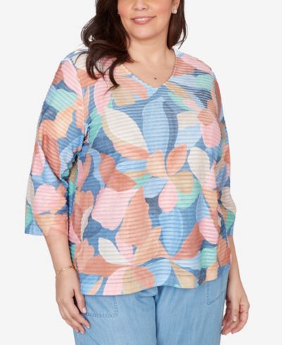 Alfred Dunner Plus Size Beachcomber Abstract Floral V-Neck Top