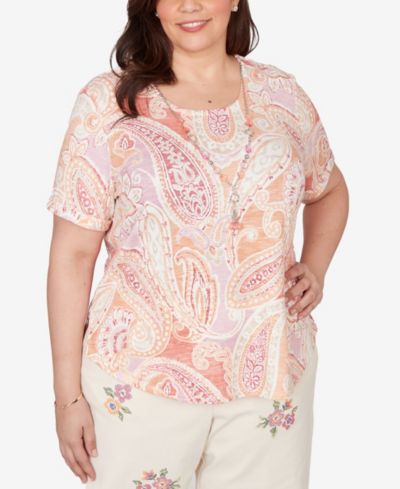 Alfred Dunner Plus Size Beachcomber Paisley Short-Sleeve T-Shirt with Necklace