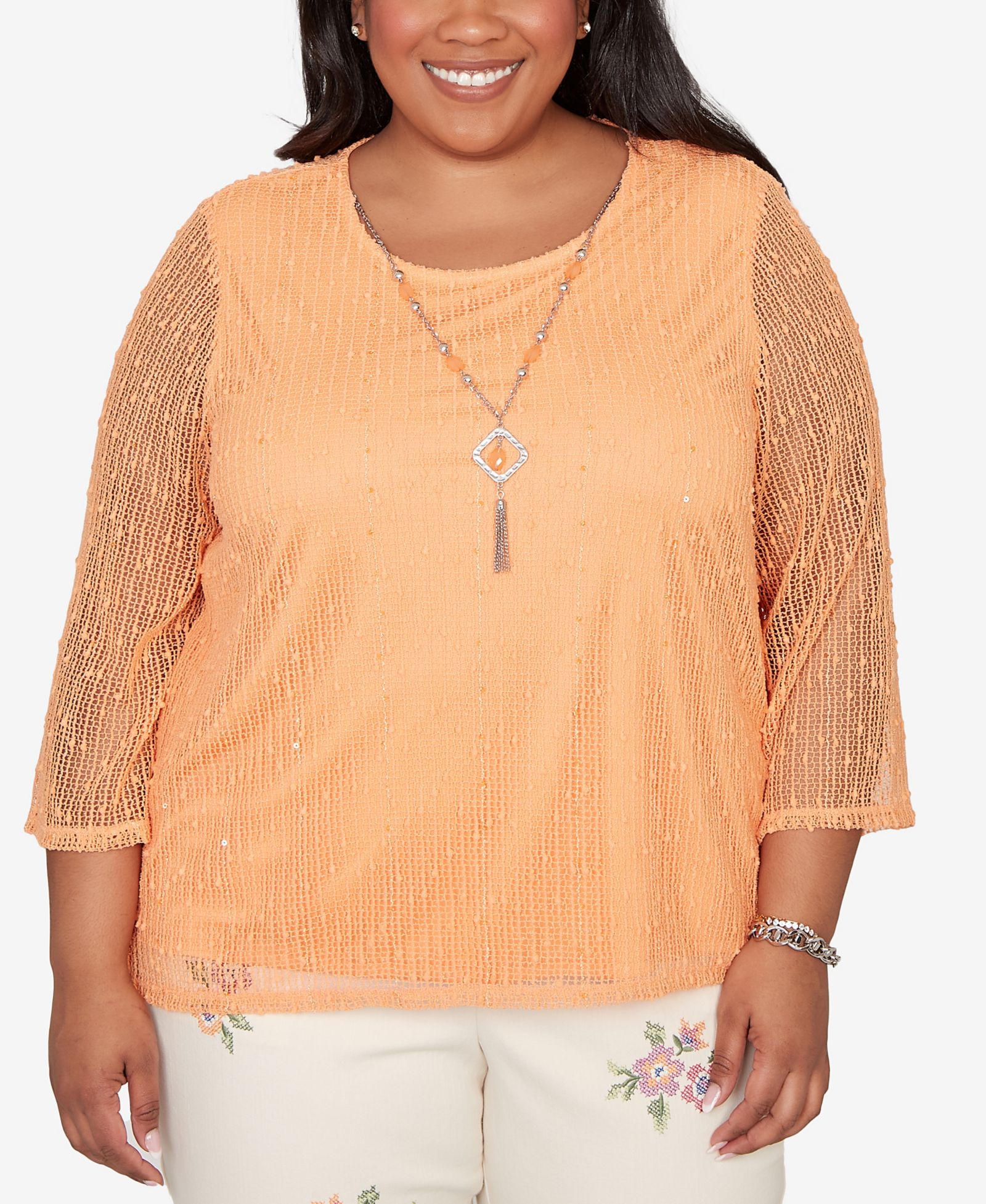 Топ Alfred Dunner Plus Size Beachcomber Bright Popcorn Mesh с ожерельем