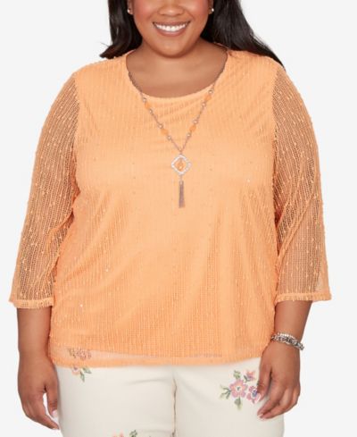 Alfred Dunner Plus Size Beachcomber Bright Popcorn Mesh Top with Necklace