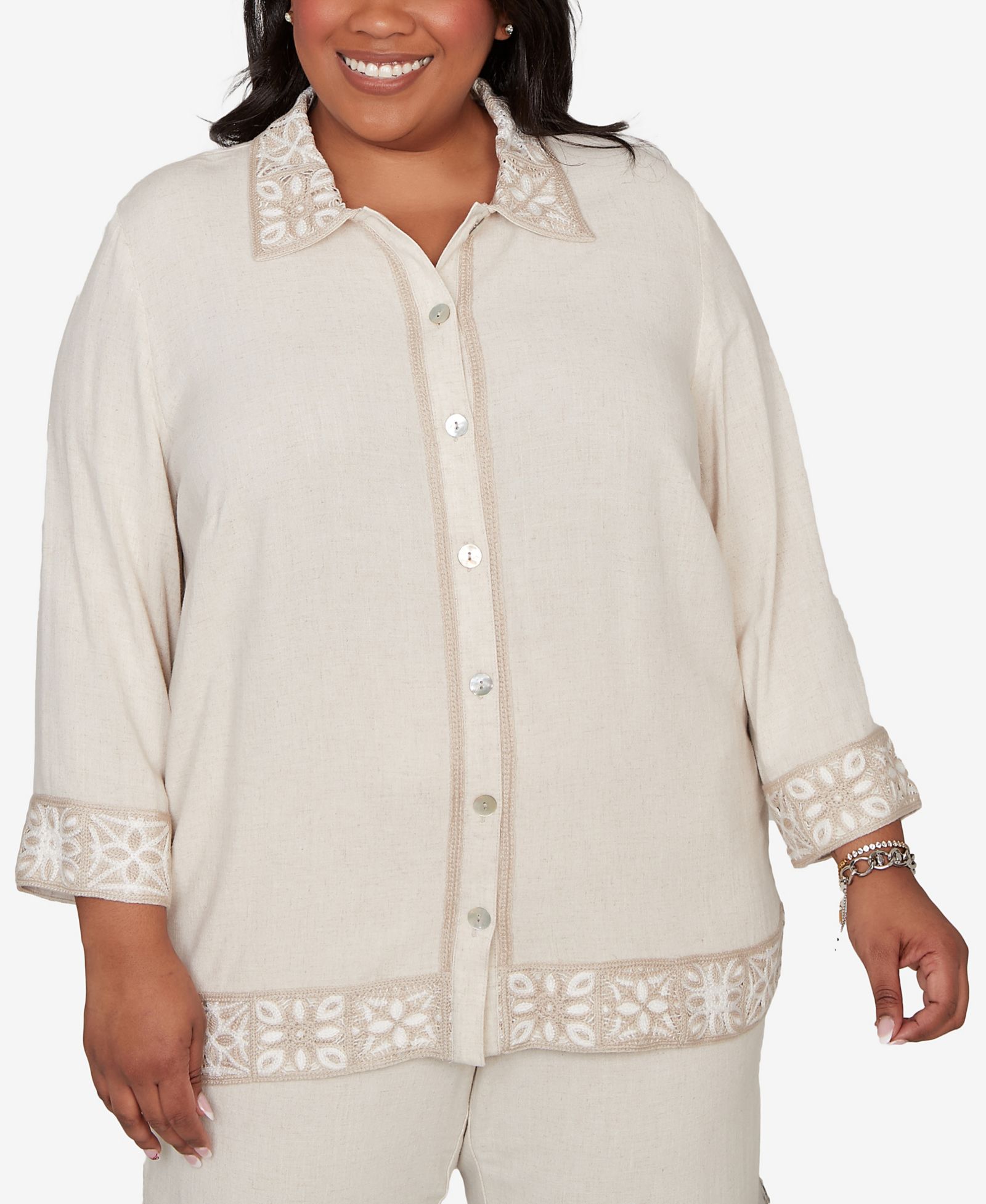 Alfred Dunner Plus Size Natural Wonder Embellished Crochet Trim Linen Jacket