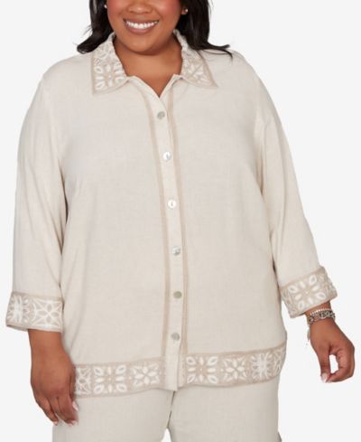 Alfred Dunner Plus Size Natural Wonder Embellished Crochet Trim Linen Jacket