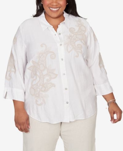 Alfred Dunner Plus Size Natural Wonder Scroll Soutache Button-Front Closure Top