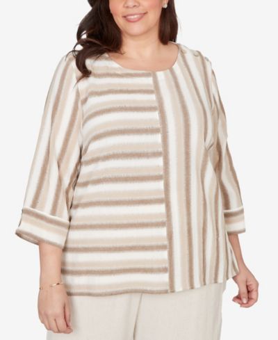 Alfred Dunner Plus Size Natural Wonder Spliced Stripe Three Quarter Sleeve Top