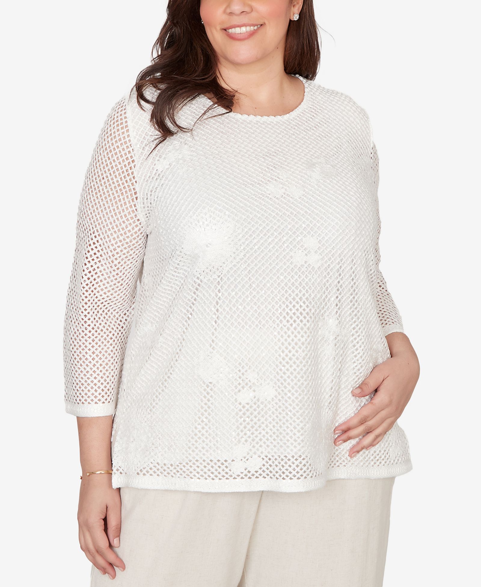 Alfred Dunner Plus Size Natural Wonder Sequin Mesh Flower Top