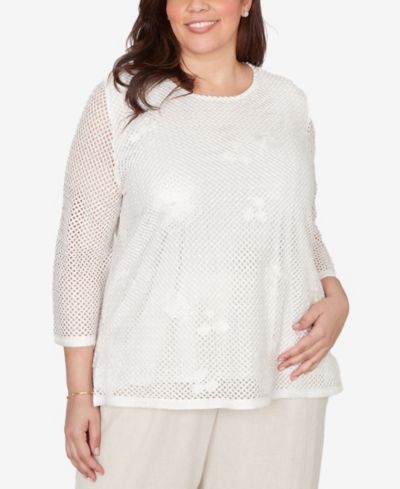 Alfred Dunner Plus Size Natural Wonder Sequin Mesh Flower Top