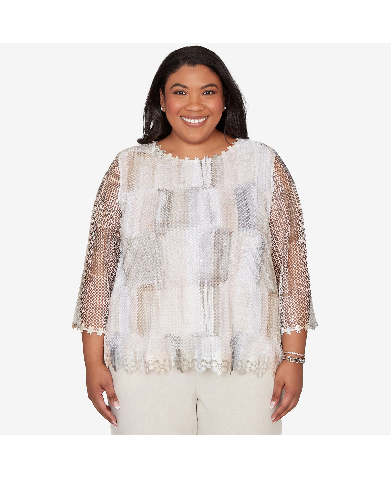 Alfred Dunner Plus Size Natural Wonder Neutral Brushstrokes Mesh Top