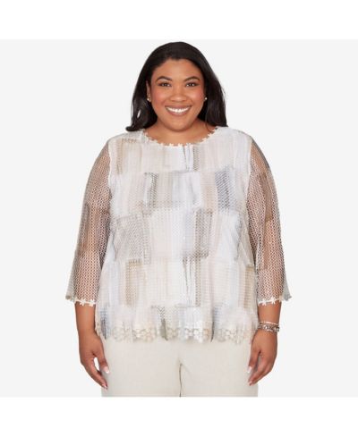 Alfred Dunner Plus Size Natural Wonder Neutral Brushstrokes Mesh Top