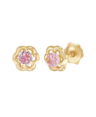 Серьги-гвоздики для детей с розовым кубическим цирконием и 14k желтым золотом