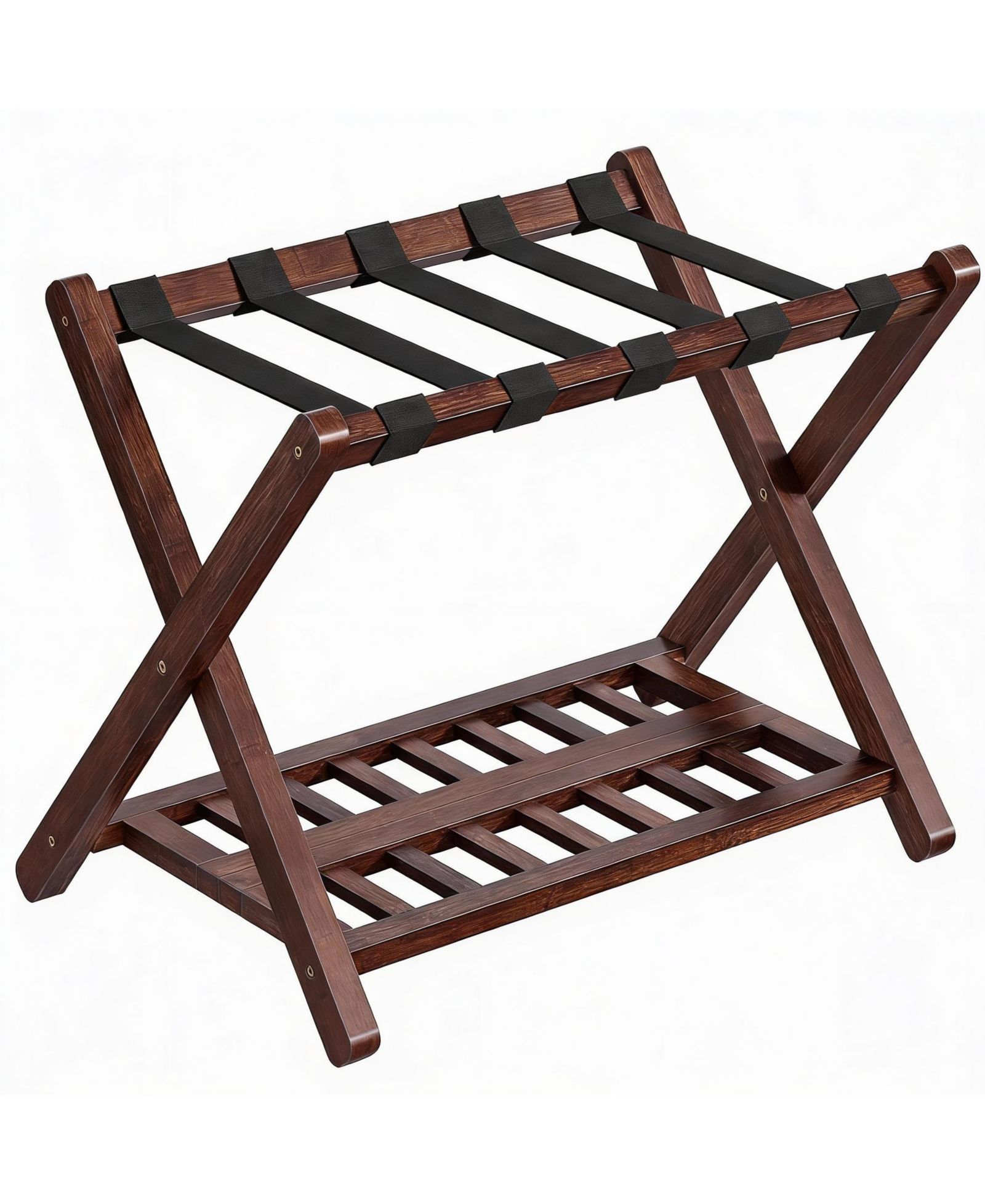 YIGII Bamboo Foldable Luggage Rack with Nylon Straps for Dual-Layer Storage