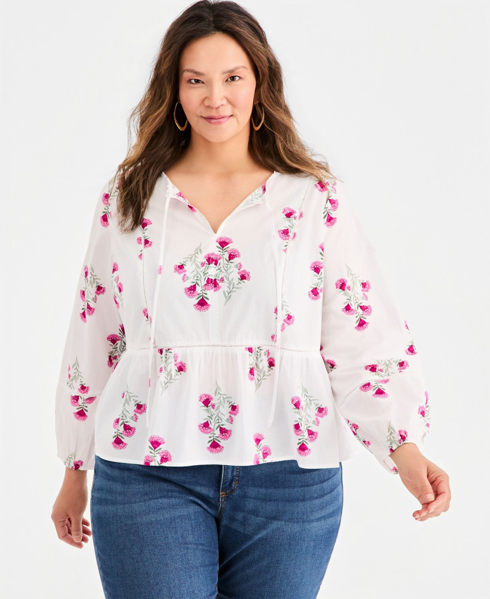 Style & Co Plus Size Printed Split-Neck Peplum Popover Blouse, Macy's Exclusive