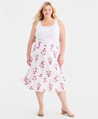 Style & Co Plus Size Printed Cotton Pull-On Midi Skirt, Macy's Exclusive