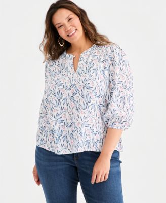 Style & Co Plus Size Printed Cotton Gauze 3/4-Sleeve Top, Macy's Exclusive