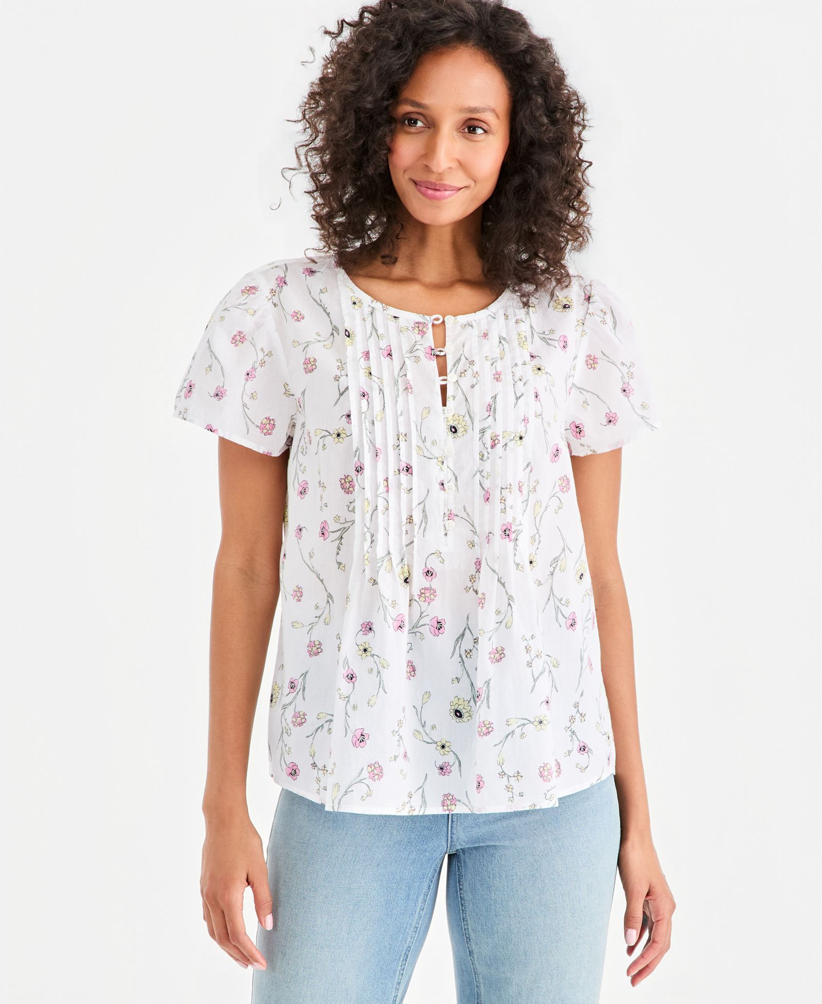 Женский топ Style & Co Petite Printed Cotton Pintuck Flutter-Sleeve