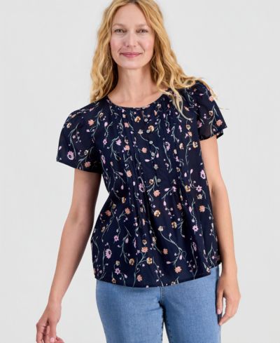 Женский топ Style & Co Petite Printed Cotton Pintuck Flutter-Sleeve