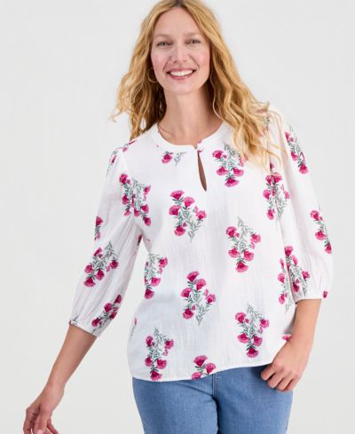 Style & Co Women's Printed Cotton Gauze 3/4-Sleeve Top, Macy's Exclusive