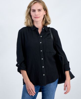 Style & Co Petite Perfect Button-Front Roll-Tab Cotton Shirt, Macy's Exclusive