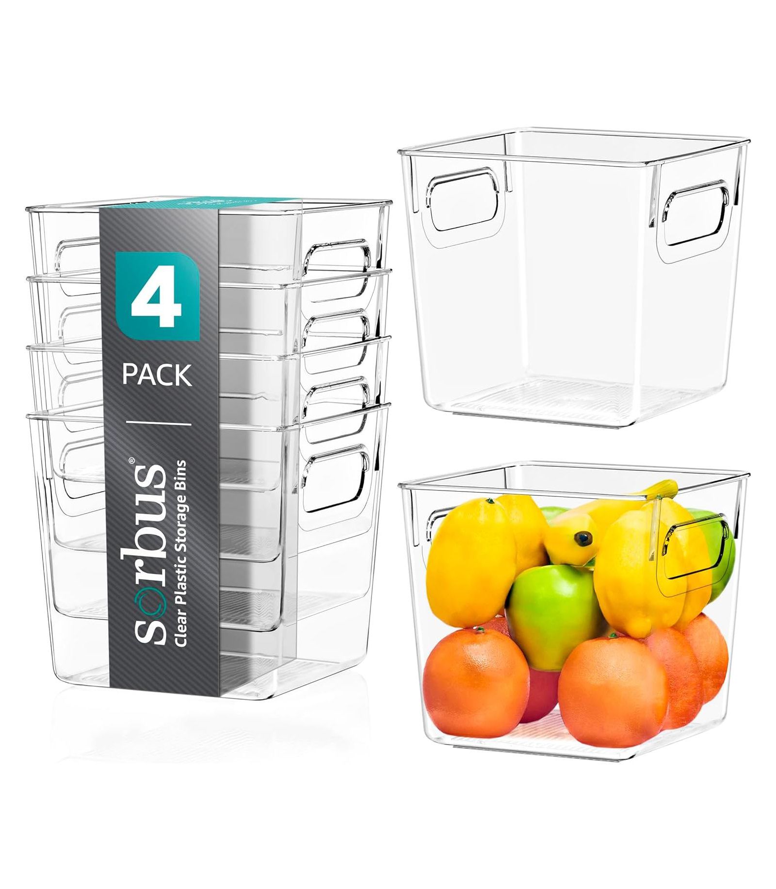 SORBUS 4 Pack Small Clear Storage Bins - for Kitchen, Cabinet Organizer, Pantry & Refrigerator