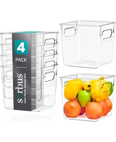 SORBUS 4 Pack Small Clear Storage Bins - for Kitchen, Cabinet Organizer, Pantry & Refrigerator