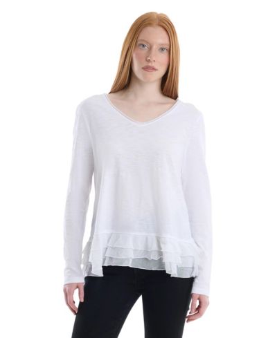 WILT Женская одежда V-Neck Mixed Media Long Sleeve Tee