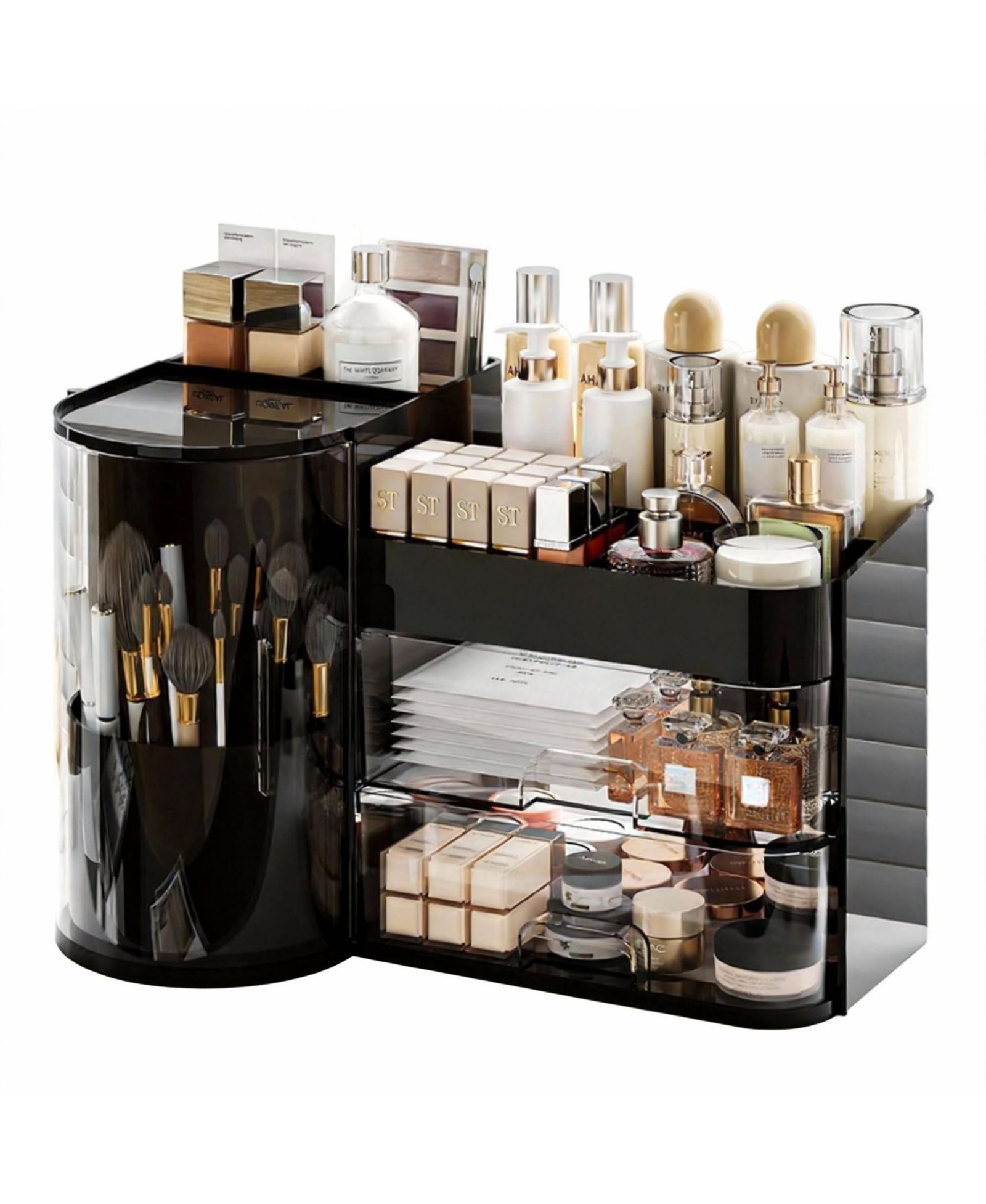 YIGII Elegant Makeup Organizer with Rotating Brush Holder & Drawers for Vanity Storage