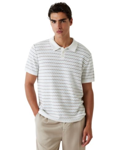 GUESS Men's Checkered Stripe Text Woven Polo Shirt
