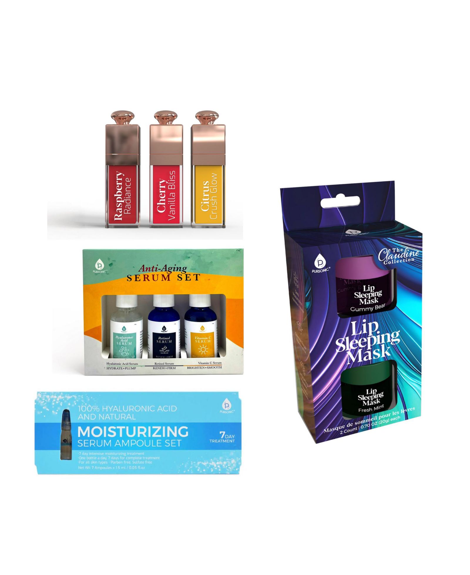 PURSONIC набор Ultimate Glow Collection: масла для губ, ночная маска, антивозрастная сыворотка и 7-дневный уход с гиалуроновой кислотой