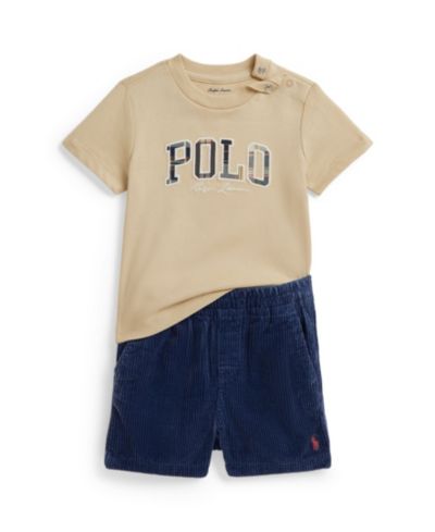 Детский комплект из футболки в клетку с логотипом Polo Ralph Lauren и вельветовых шорт, 2 части