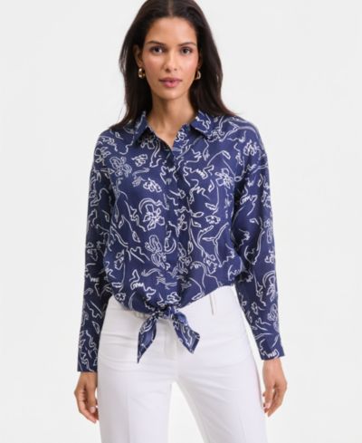 I.N.C. International Concepts Women's Printed Ramie Button-Front Tie-Hem Shirt, Macy's Exclusive