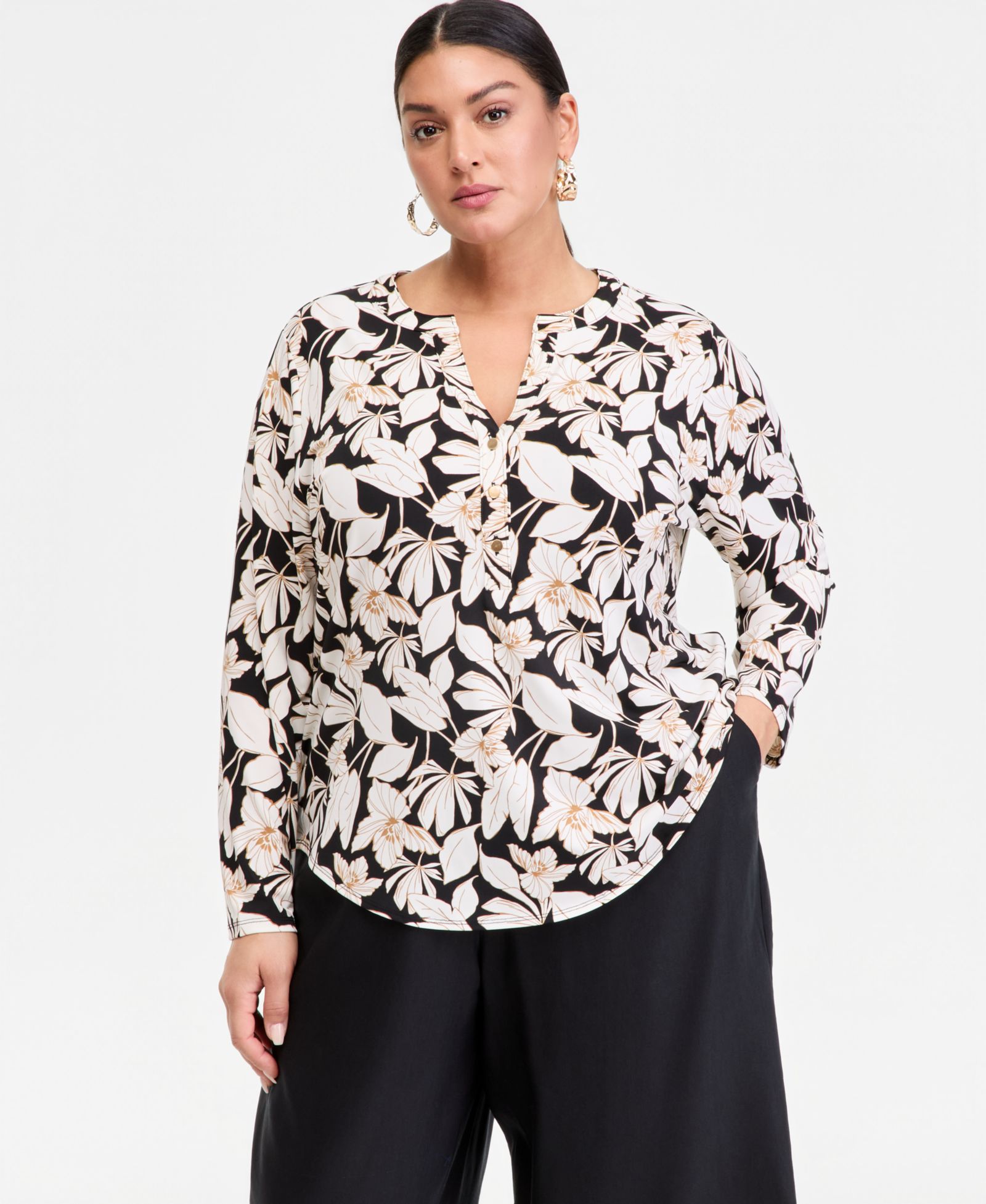 Женский топ I.N.C. International Concepts Plus Size Printed Split-Neck Long-Sleeve