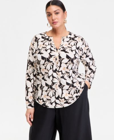 Женский топ I.N.C. International Concepts Plus Size Printed Split-Neck Long-Sleeve
