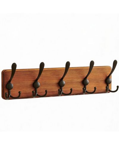 YIGII Rustic Iron Hooks Wall Rack, 5 Hooks, 45lb Load, Natural Pine Base