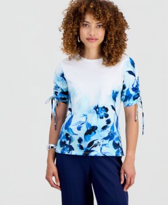 I.N.C. International Concepts Petite Cotton Placed-Print Tie-Sleeve Top, Macy's Exclusive