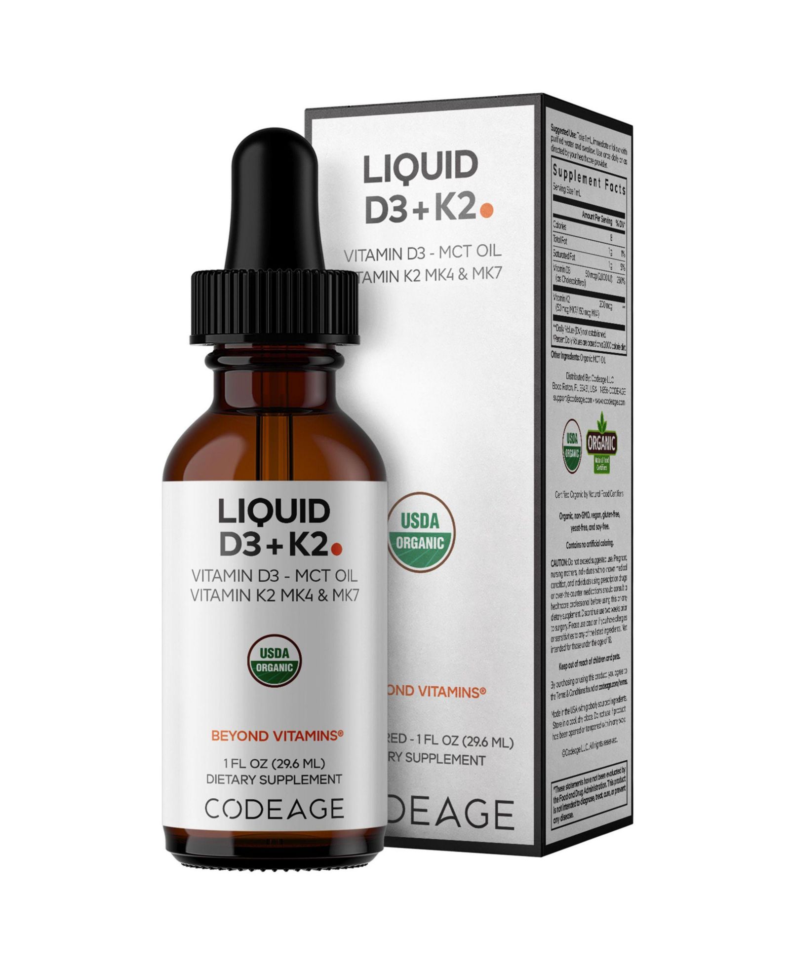 Витамины Codeage Liquid D3+K2 2000 IU, Immune Support, Unflavored, MCT Oil, 1 fl oz