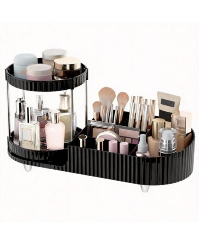 YIGII 360 Silent Rotating Makeup Organizer: 2 Perfume Trays, 5 Compartments, Multi-Use