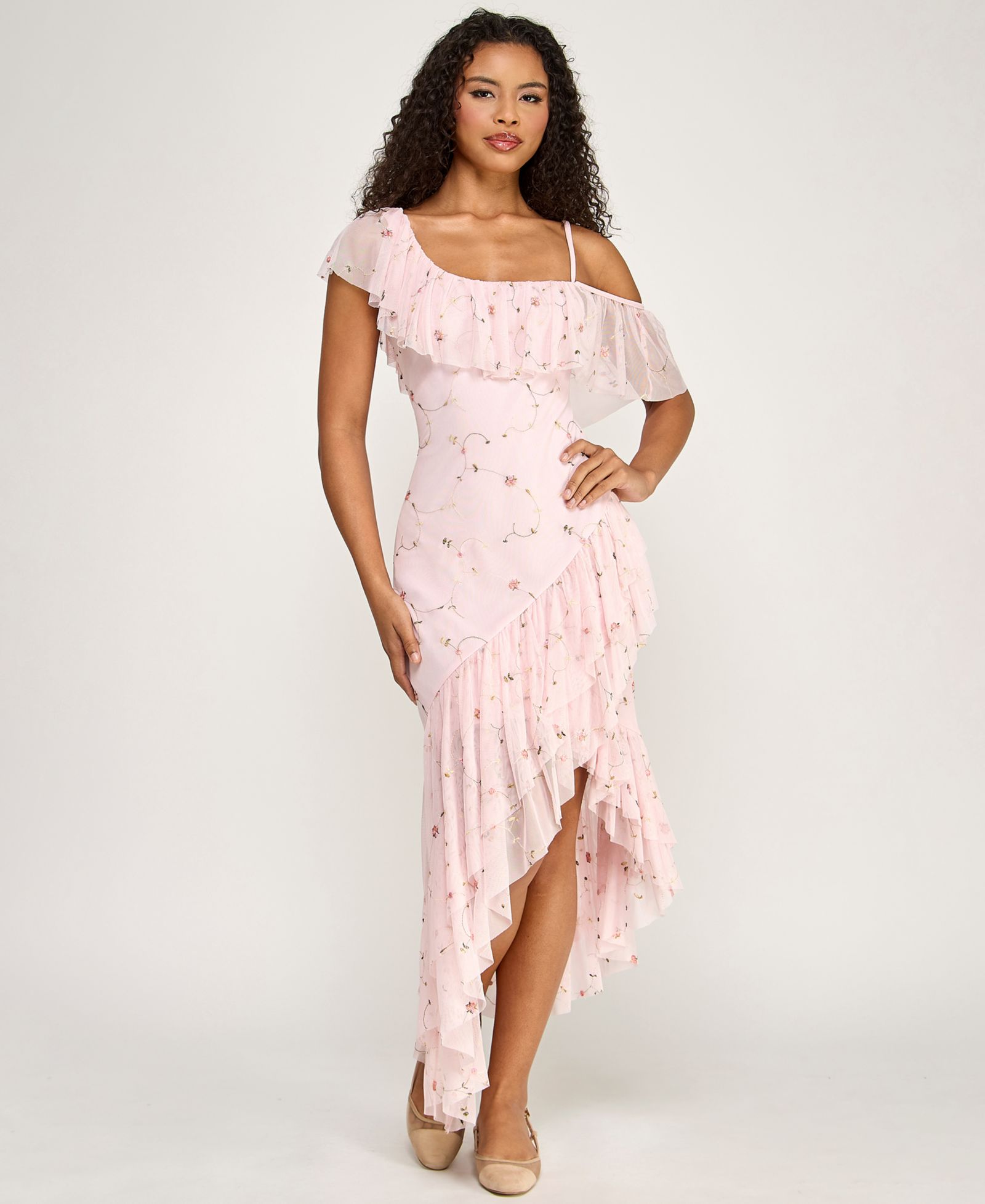 City Studios Juniors' Floral Embroidered Asymmetric Ruffle Hem Midi Dress