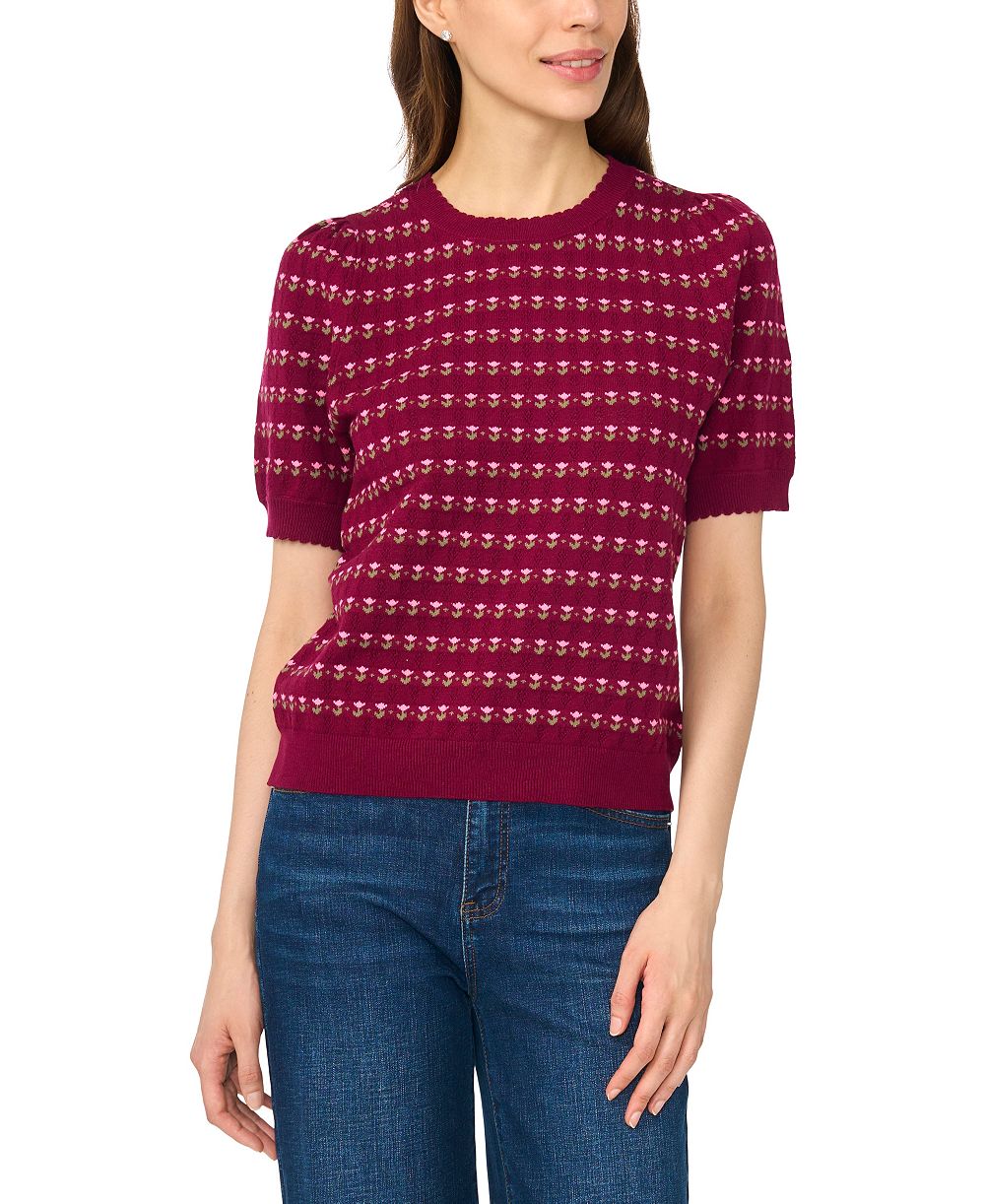 CeCe Women's Floral Pointelle Short-Sleeve Crewneck Pullover