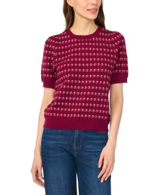 CeCe Women's Floral Pointelle Short-Sleeve Crewneck Pullover
