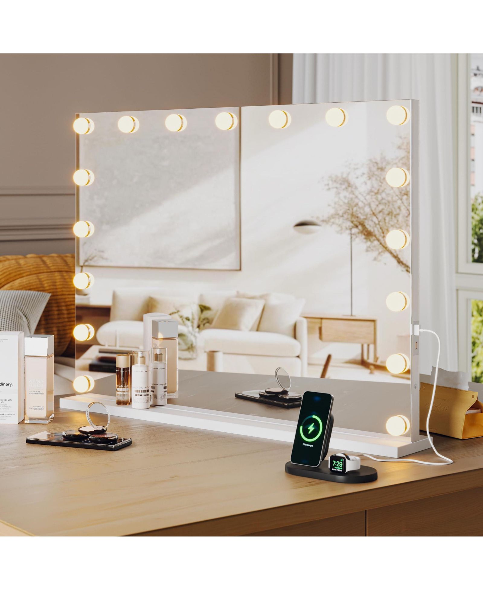 Homfan Vanity Mirror with Lights, Equipped with 17 Adjustable LED Lights, Featuring 3X Magnification, Smart Touch Controls with Three Adjustable Color